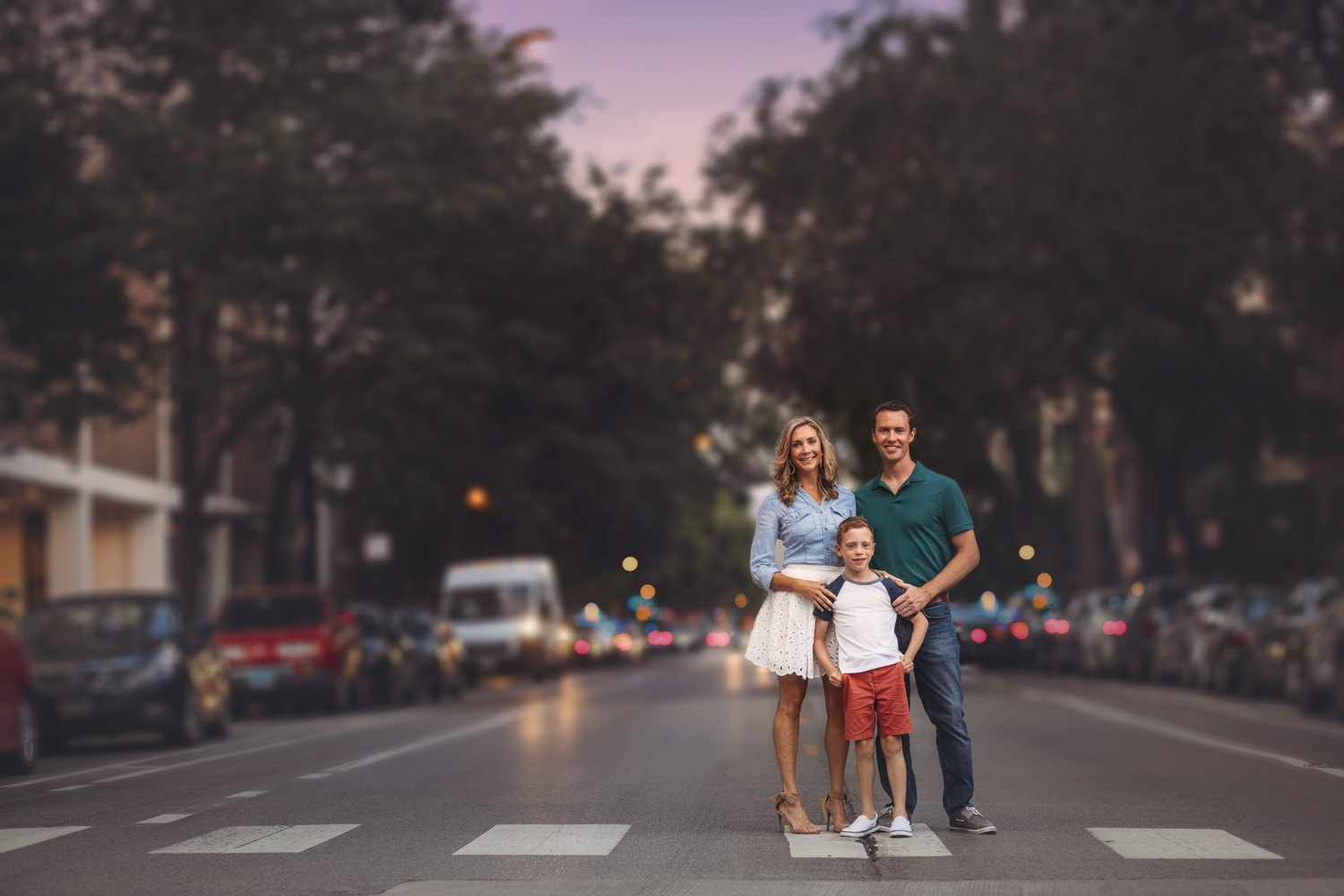 Chicago family photograph in crosswalk on city street